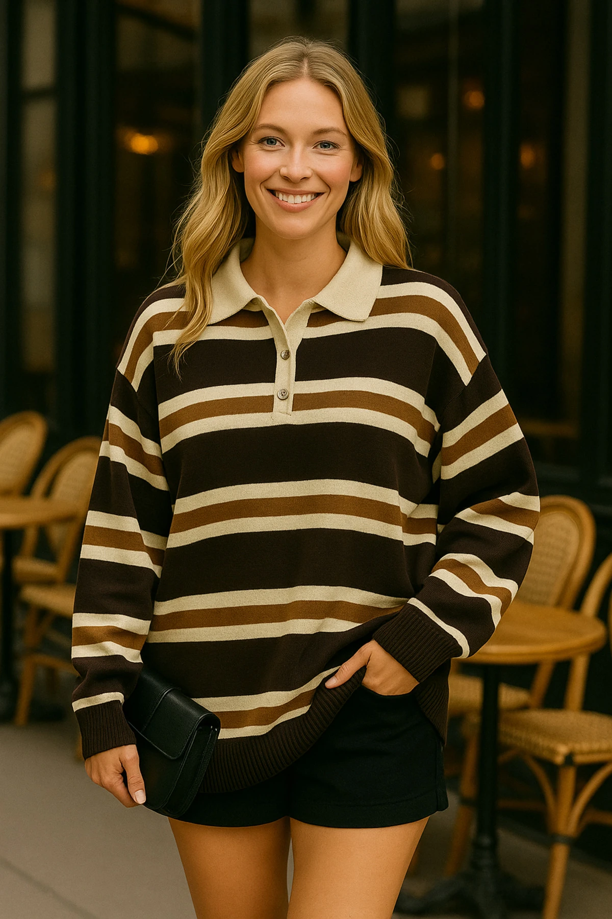 Premium Polo Yaka Düğmeli Oversize Çizgili Uzun Kol Kazak