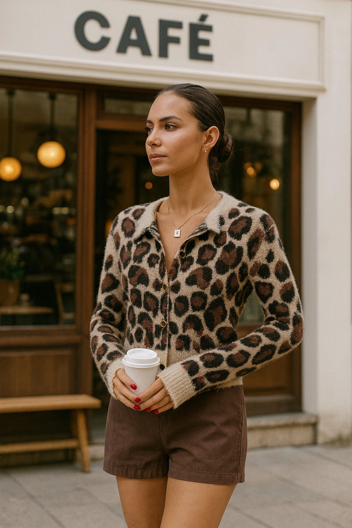 Leopar Desenli Düğme Detaylı Bisiklet Yaka Yumoş Hırka