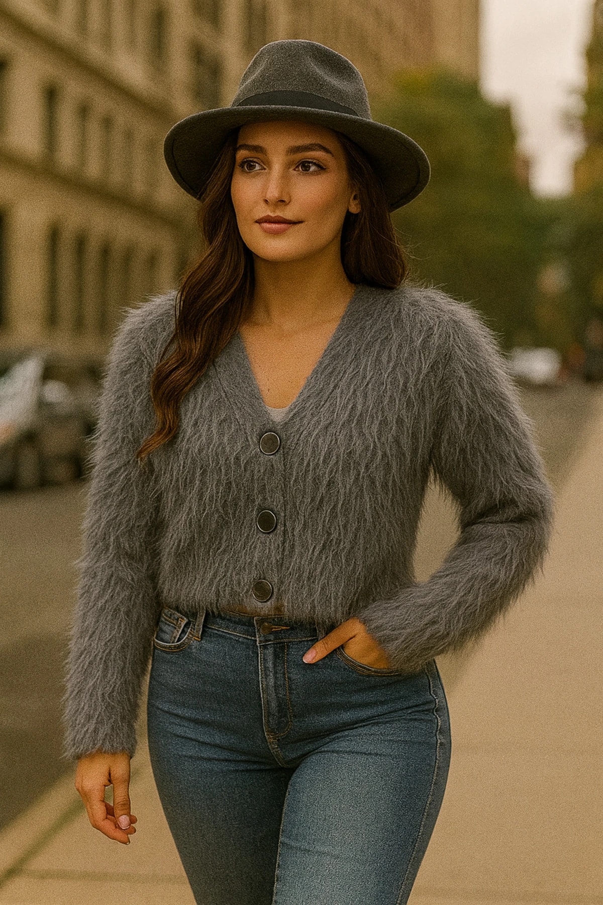 Düğme Detaylı Uzun Tüylü Yumoş Hırka