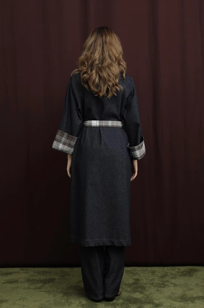 Kadın Ekose Detaylı Denim Trench