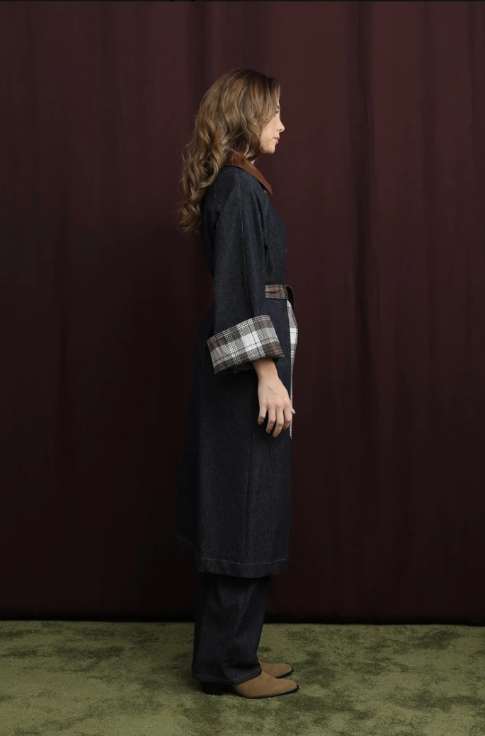 Kadın Ekose Detaylı Denim Trench