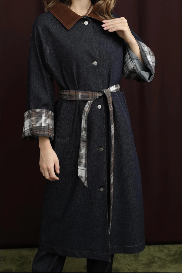 Kadın Ekose Detaylı Denim Trench