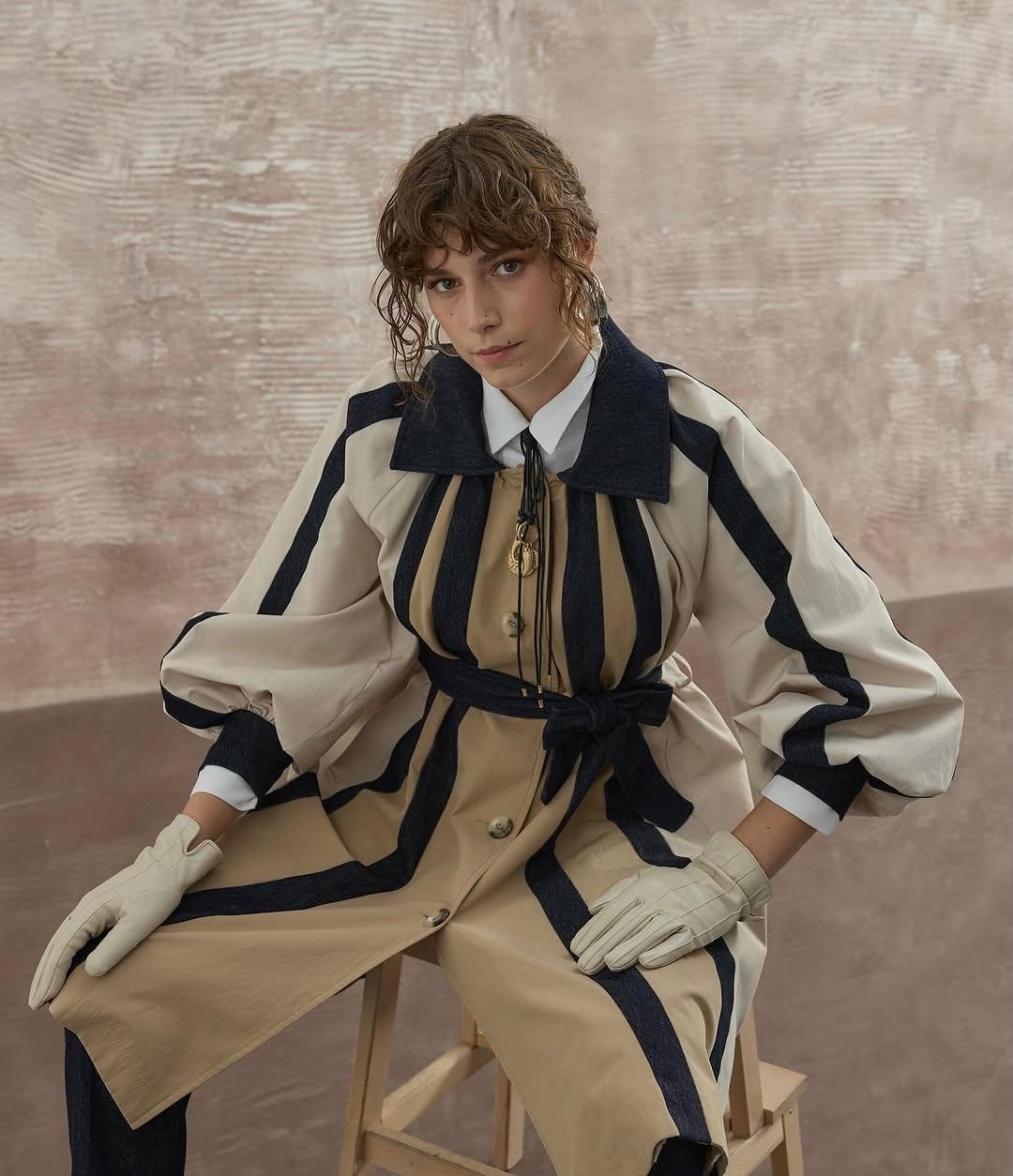 Şerit Detaylı Balon Kol Trençkot3759