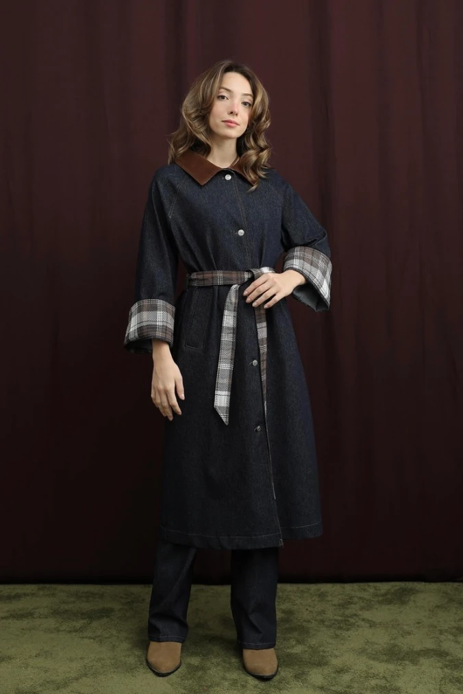 Kadın Ekose Detaylı Denim Trench