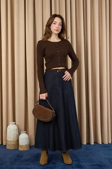 Kadın Kemerli Denim Etek