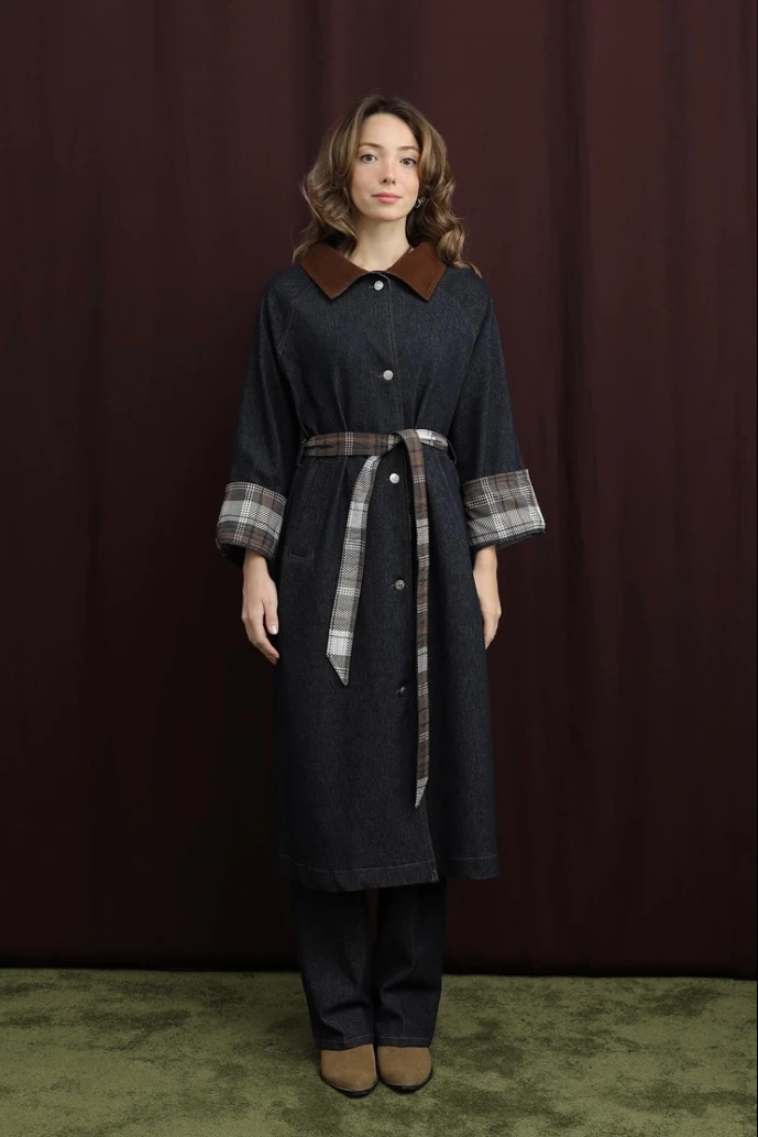 Kadın Ekose Detaylı Denim Trench