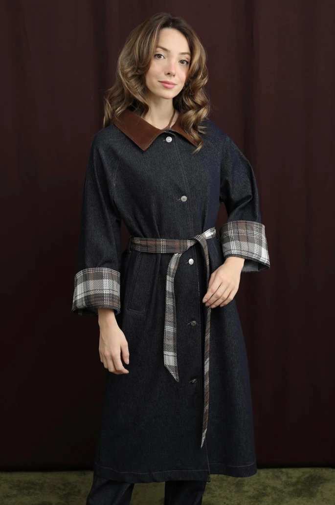 Kadın Ekose Detaylı Denim Trench