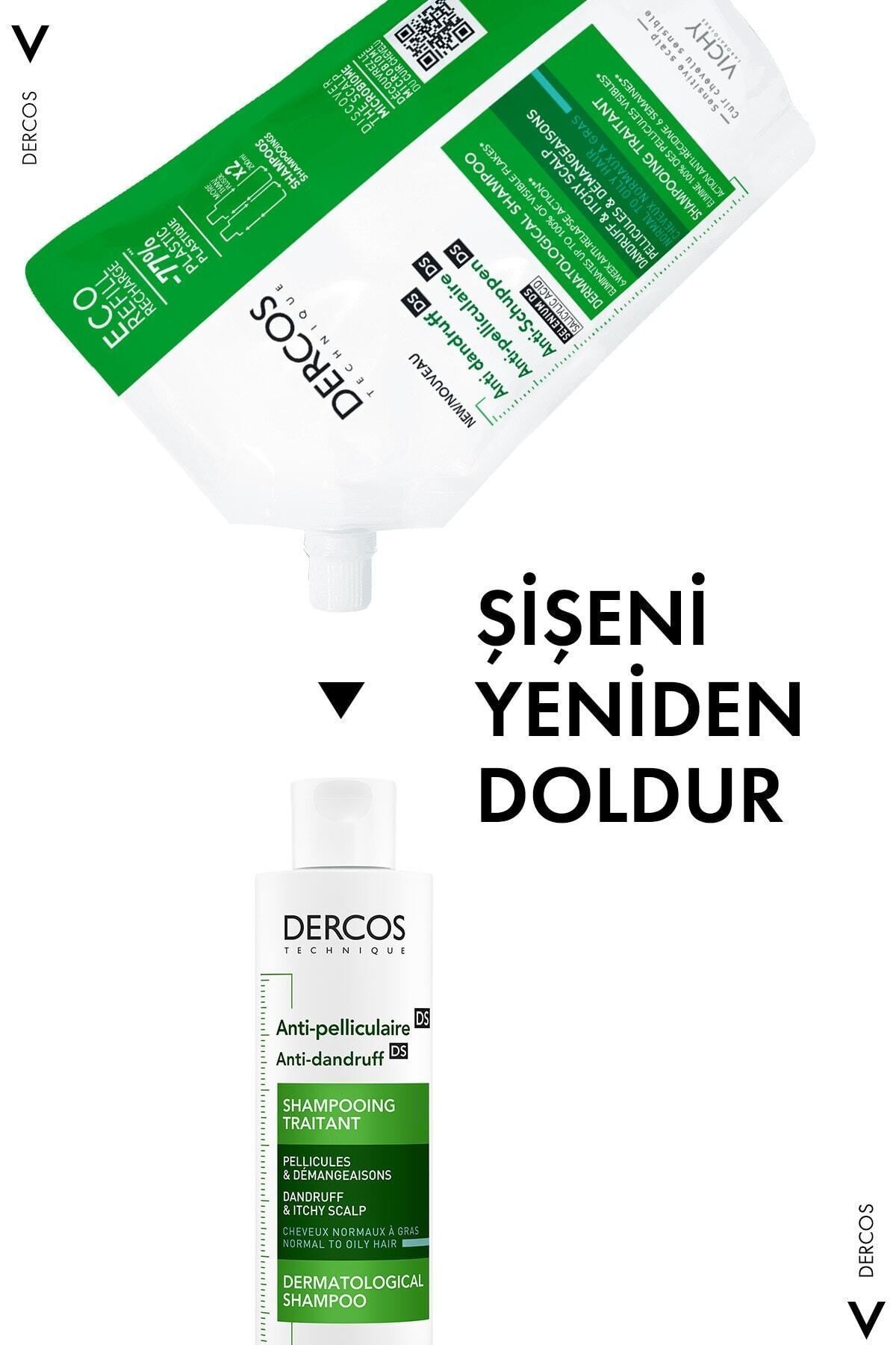 VICHY Dercos Normal/Yağlı Saçlar İçin Kepek Karşıtı Saç Bakım Şampuanı Yeniden Dolum Paketi 500 ML