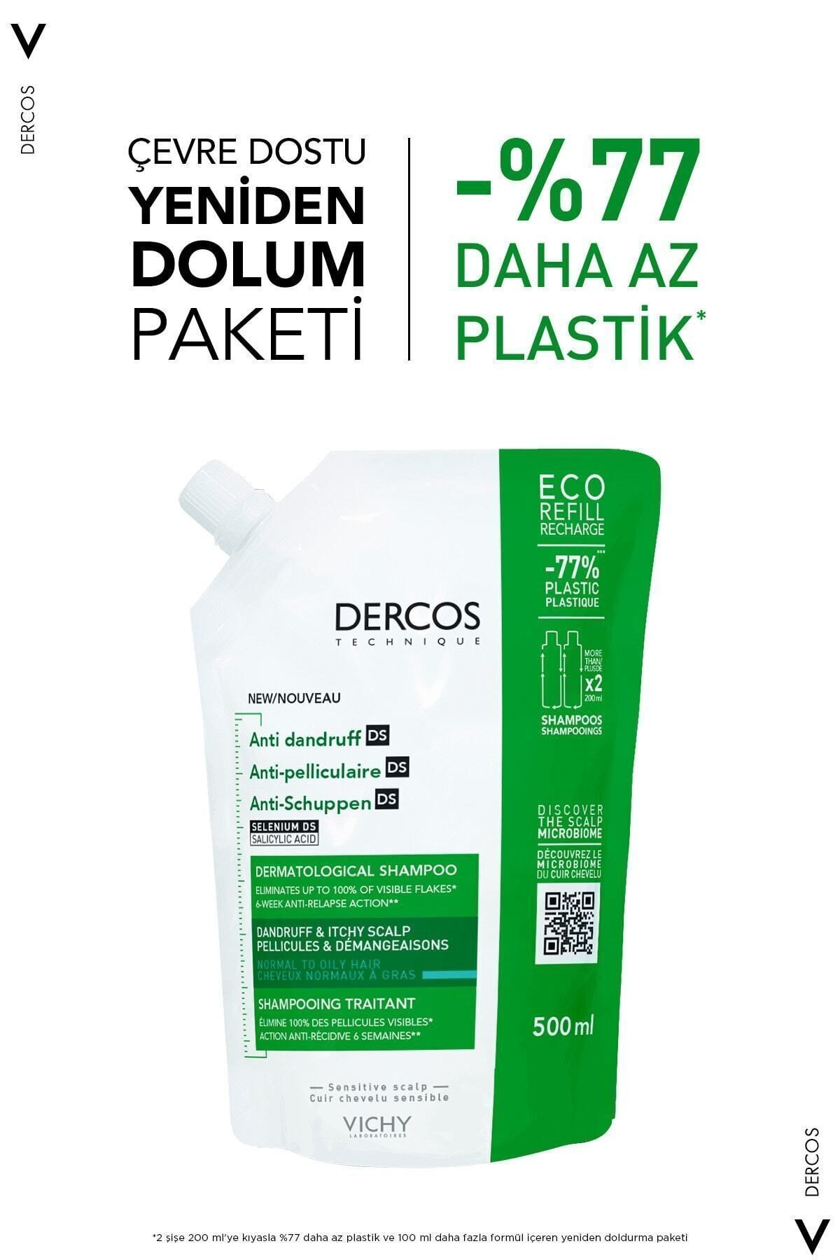 VICHY Dercos Normal/Yağlı Saçlar İçin Kepek Karşıtı Saç Bakım Şampuanı Yeniden Dolum Paketi 500 ML