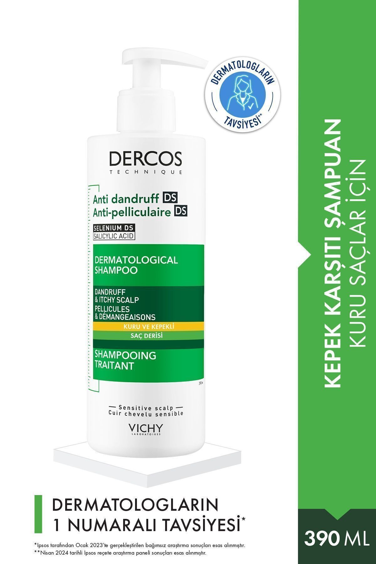 VICHY Dercos Kepek Karşıtı Şampuan 390ml - Kuru Saçlar