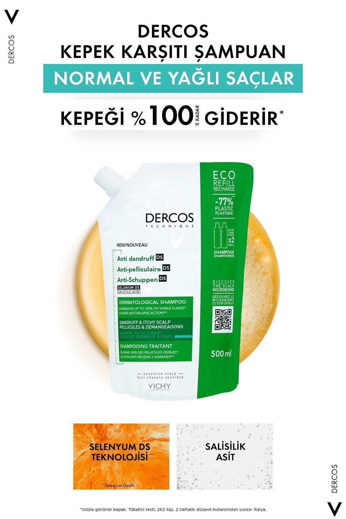 VICHY Dercos Normal/Yağlı Saçlar İçin Kepek Karşıtı Saç Bakım Şampuanı Yeniden Dolum Paketi 500 ML