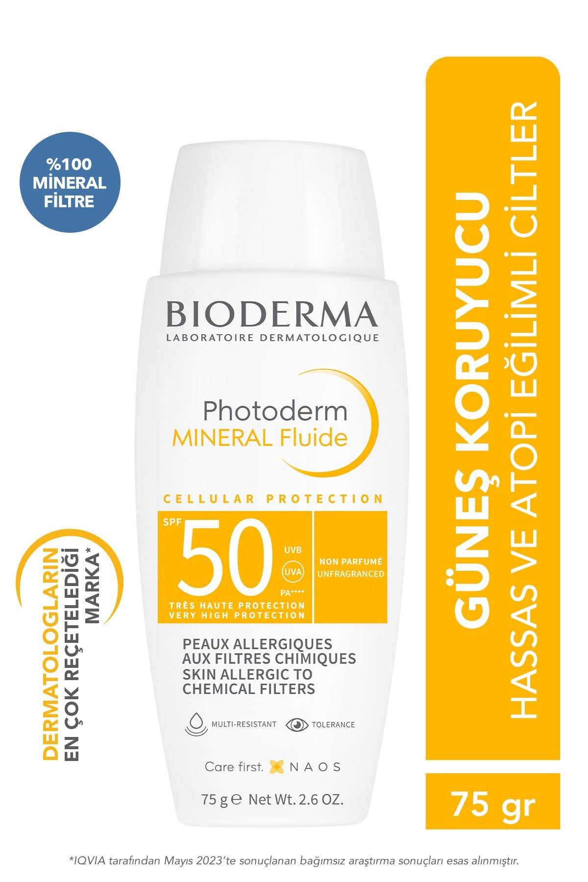 BİODERMA Photoderm Mineral Fluid SPF50+ Çok Hassas Ciltler için Yüksek Korumalı Yüz, Vücut Güneş Kremi 75 gr