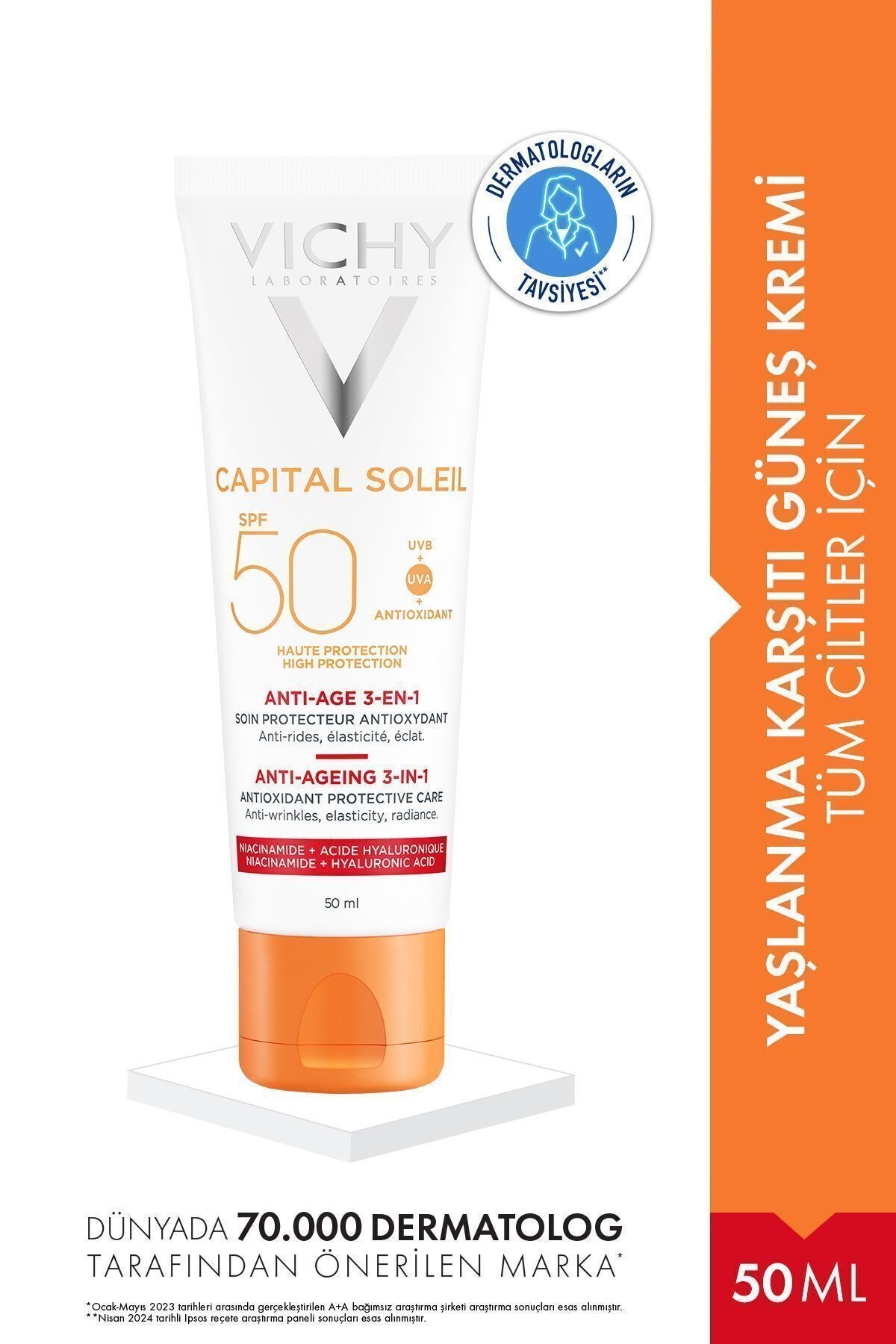 VICHY Capital Soleil Yüksek Korumalı 3ü1 Arada Yaşlanma Karşıtı Yüz Güneş Kremi Spf 50 (UVA UVB) 50 ml