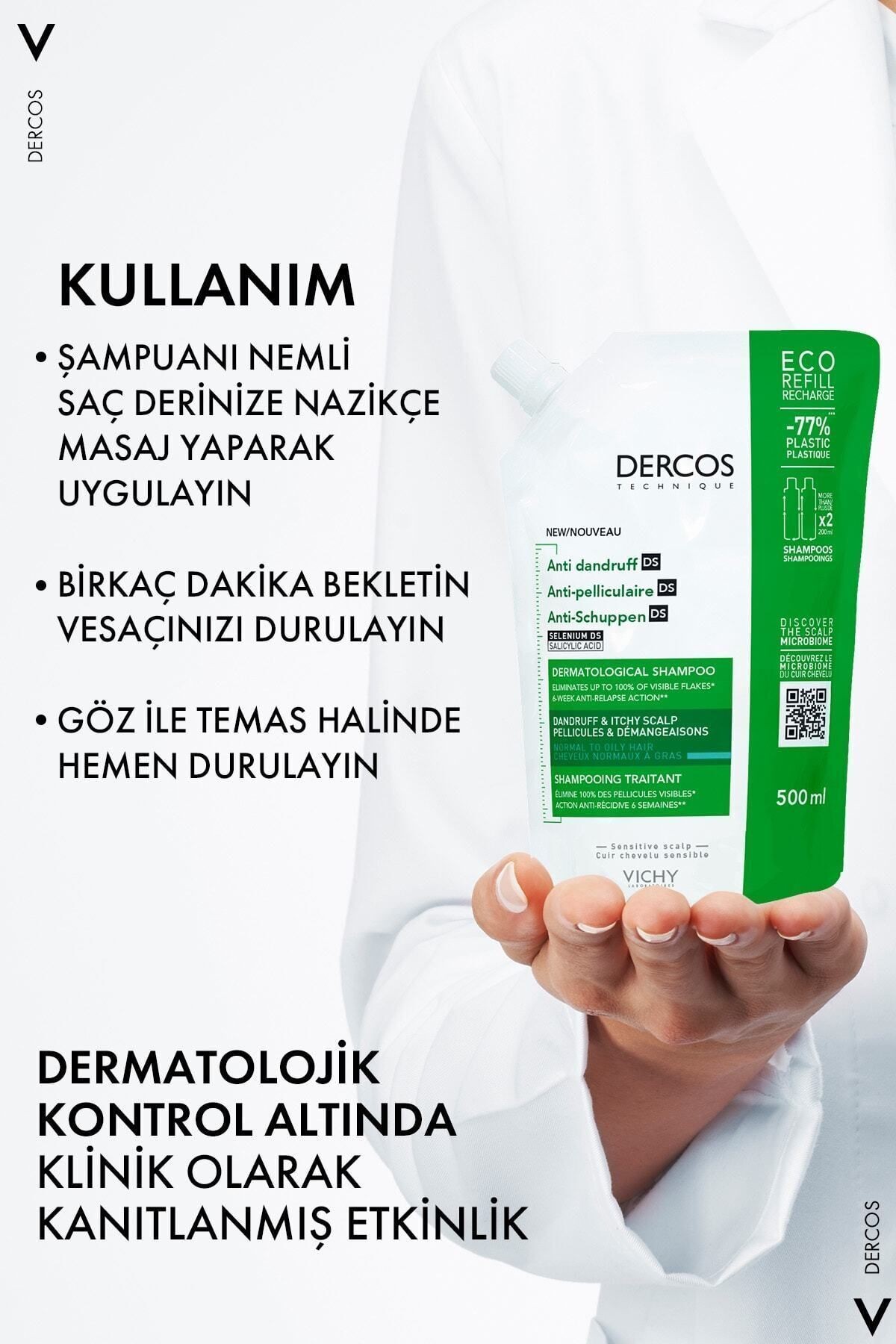 VICHY Dercos Normal/Yağlı Saçlar İçin Kepek Karşıtı Saç Bakım Şampuanı Yeniden Dolum Paketi 500 ML