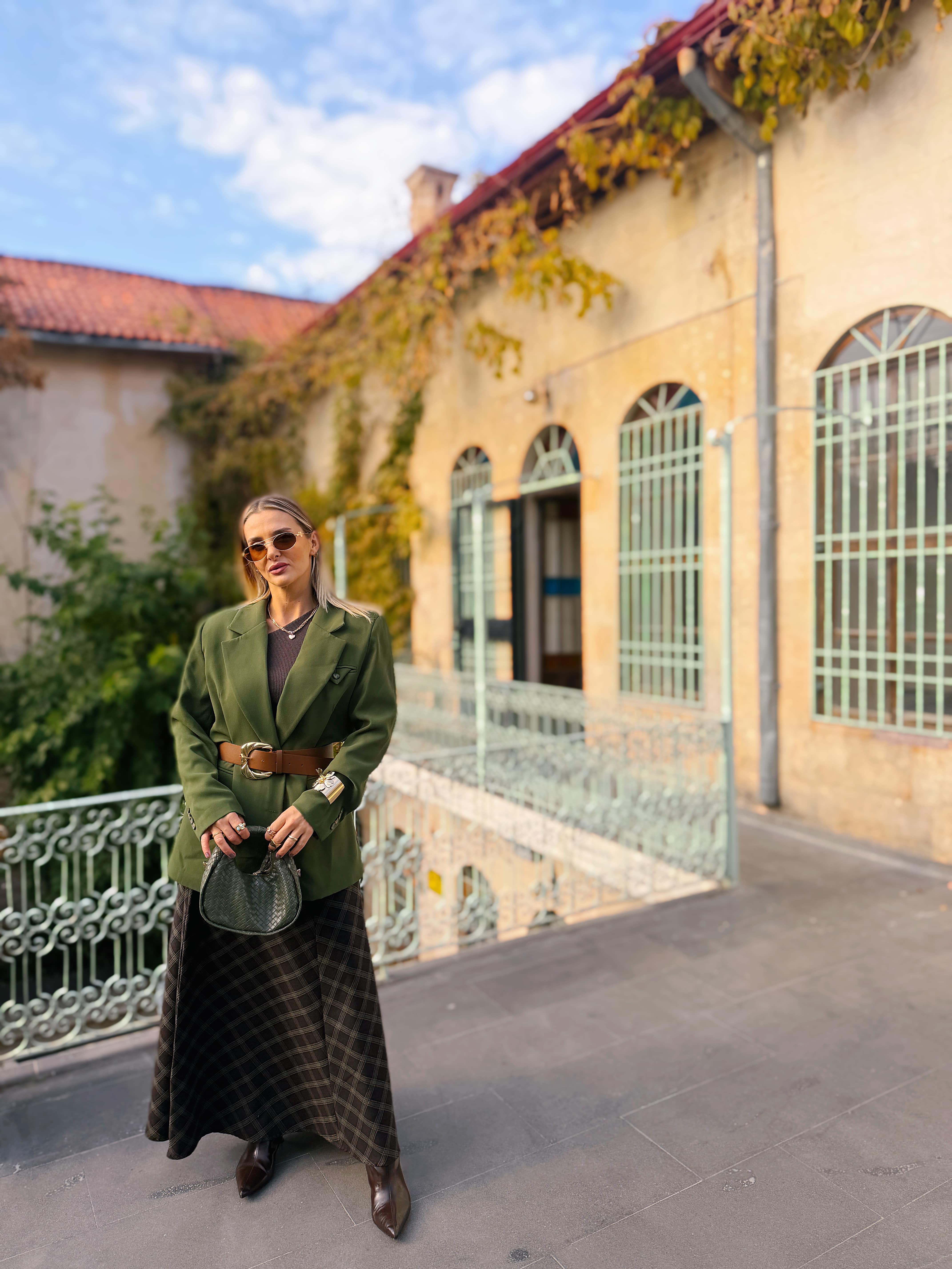 Ekose Desenli Uzun Etek / Yeşil