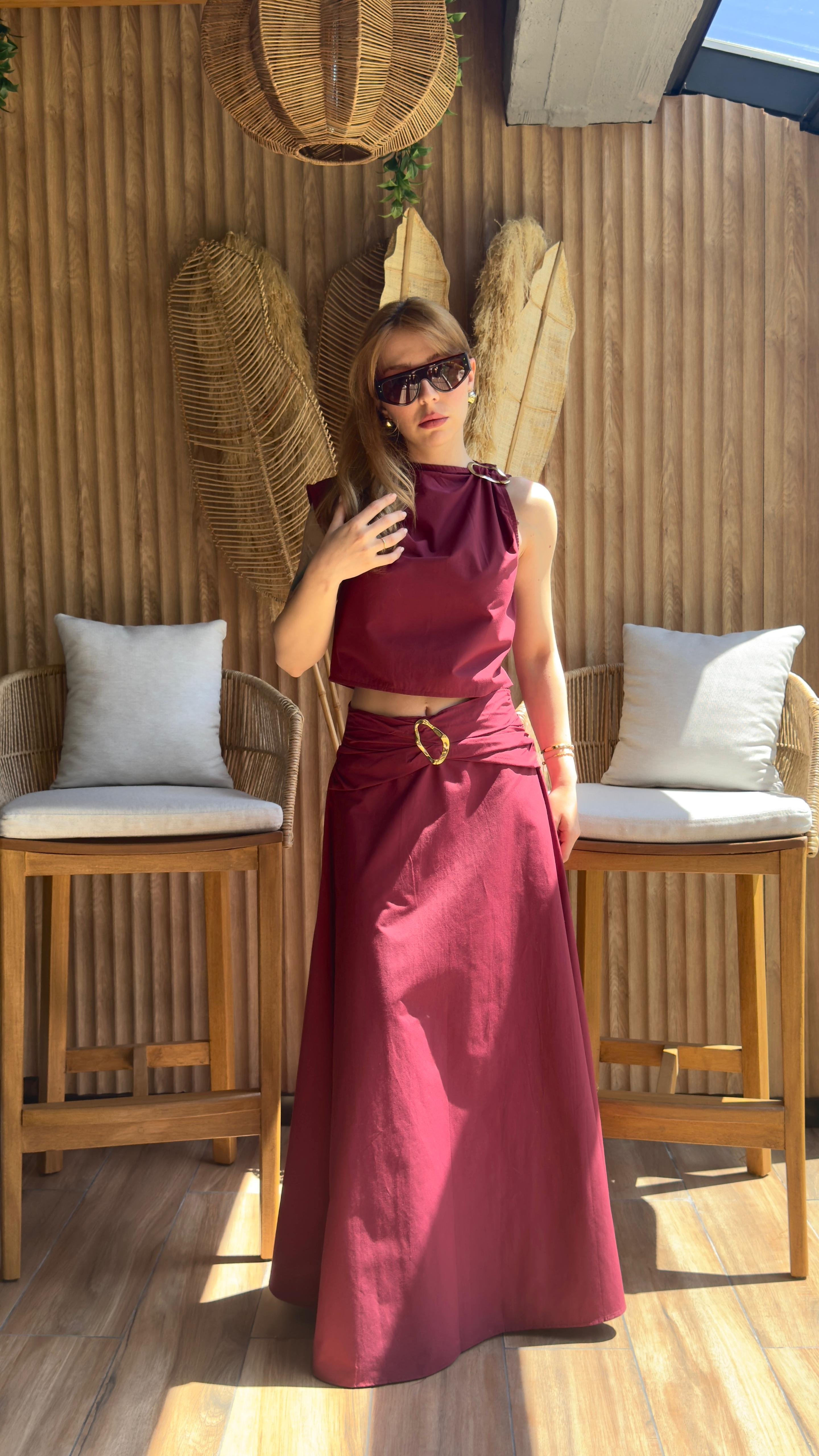 Poplin Kumaş Gol Toka Detaylı Takım - Bordo