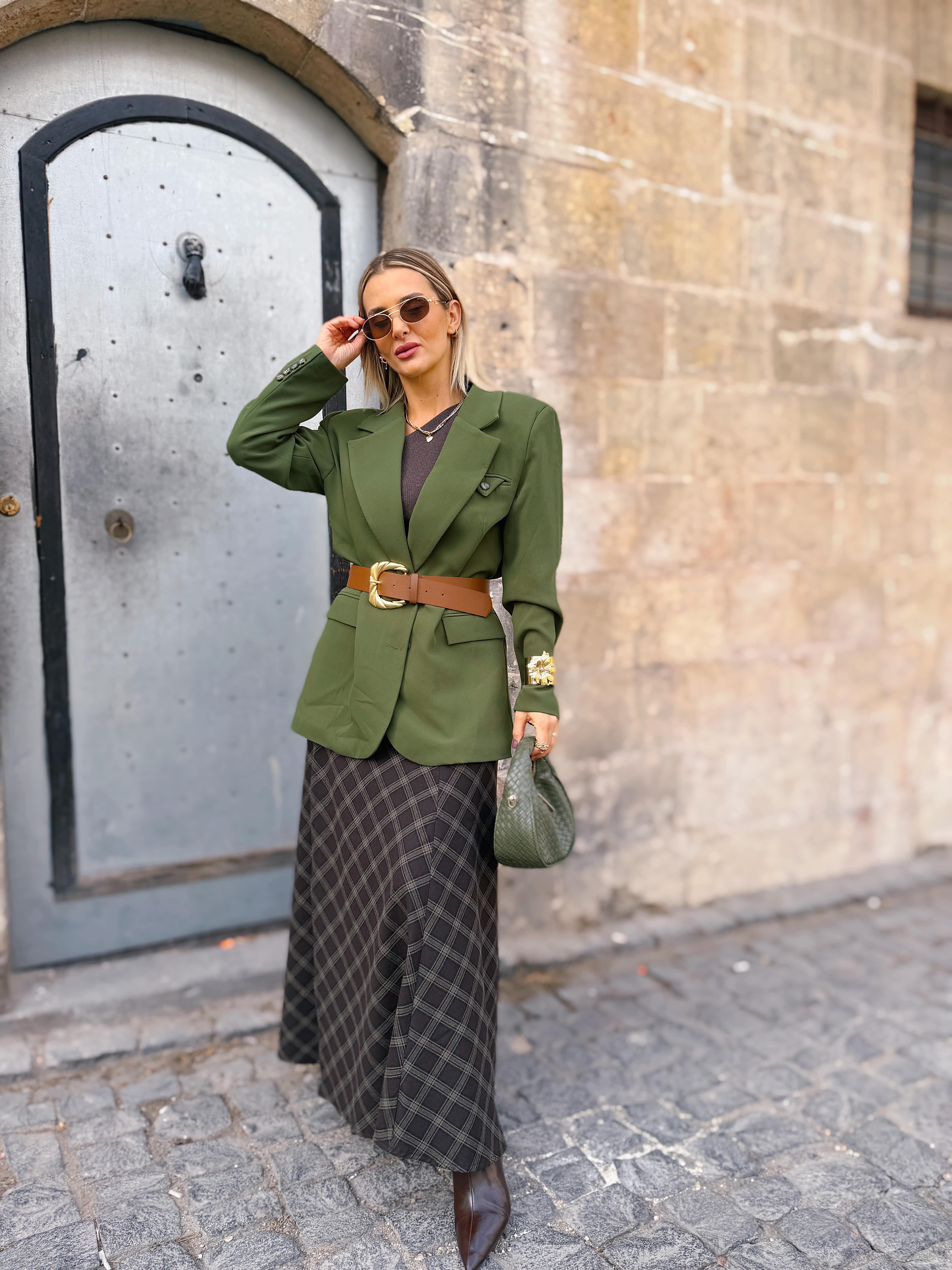 Ekose Desenli Uzun Etek / Yeşil