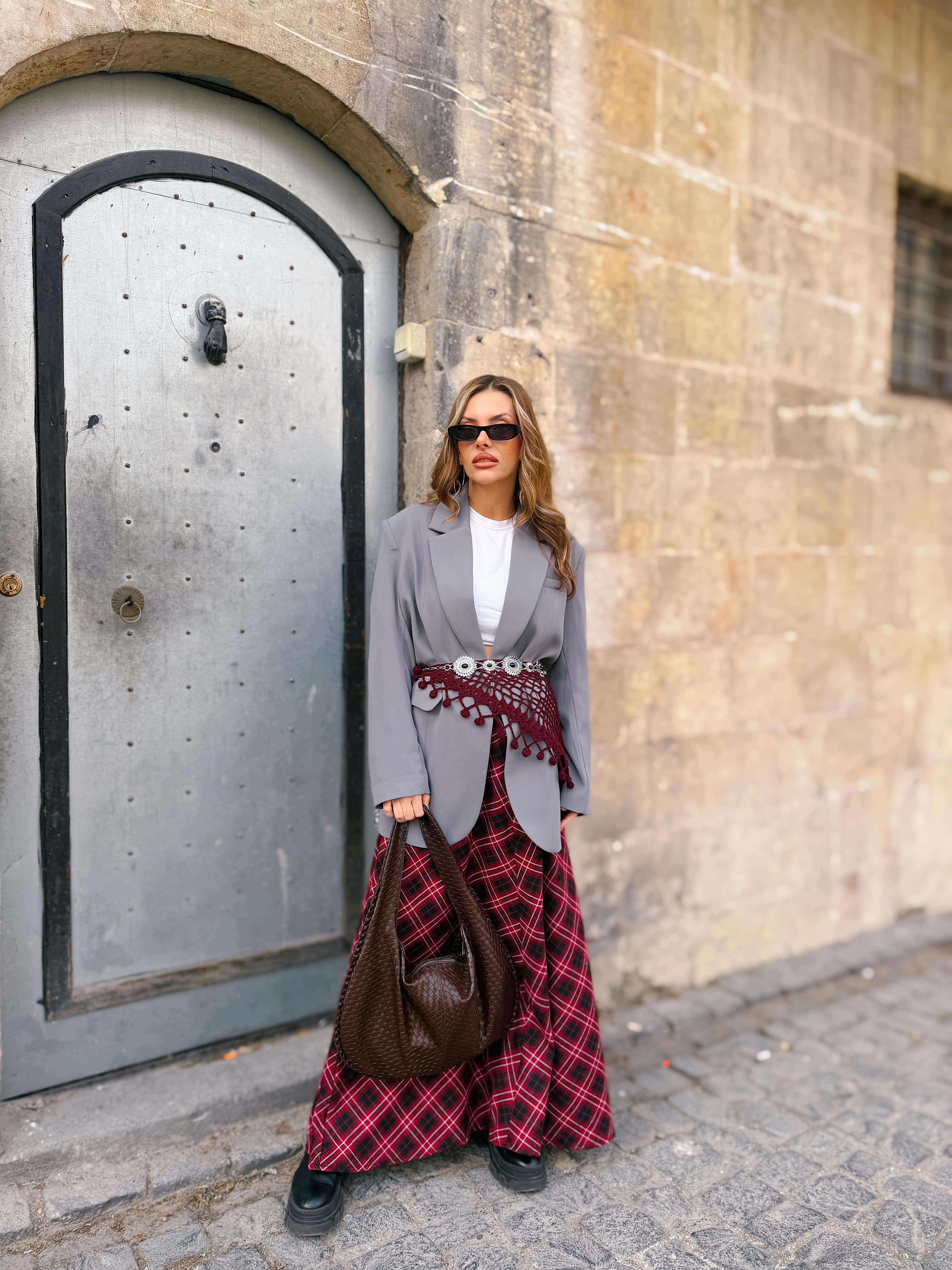 Ekose Desenli Uzun Etek / Kırmızı 