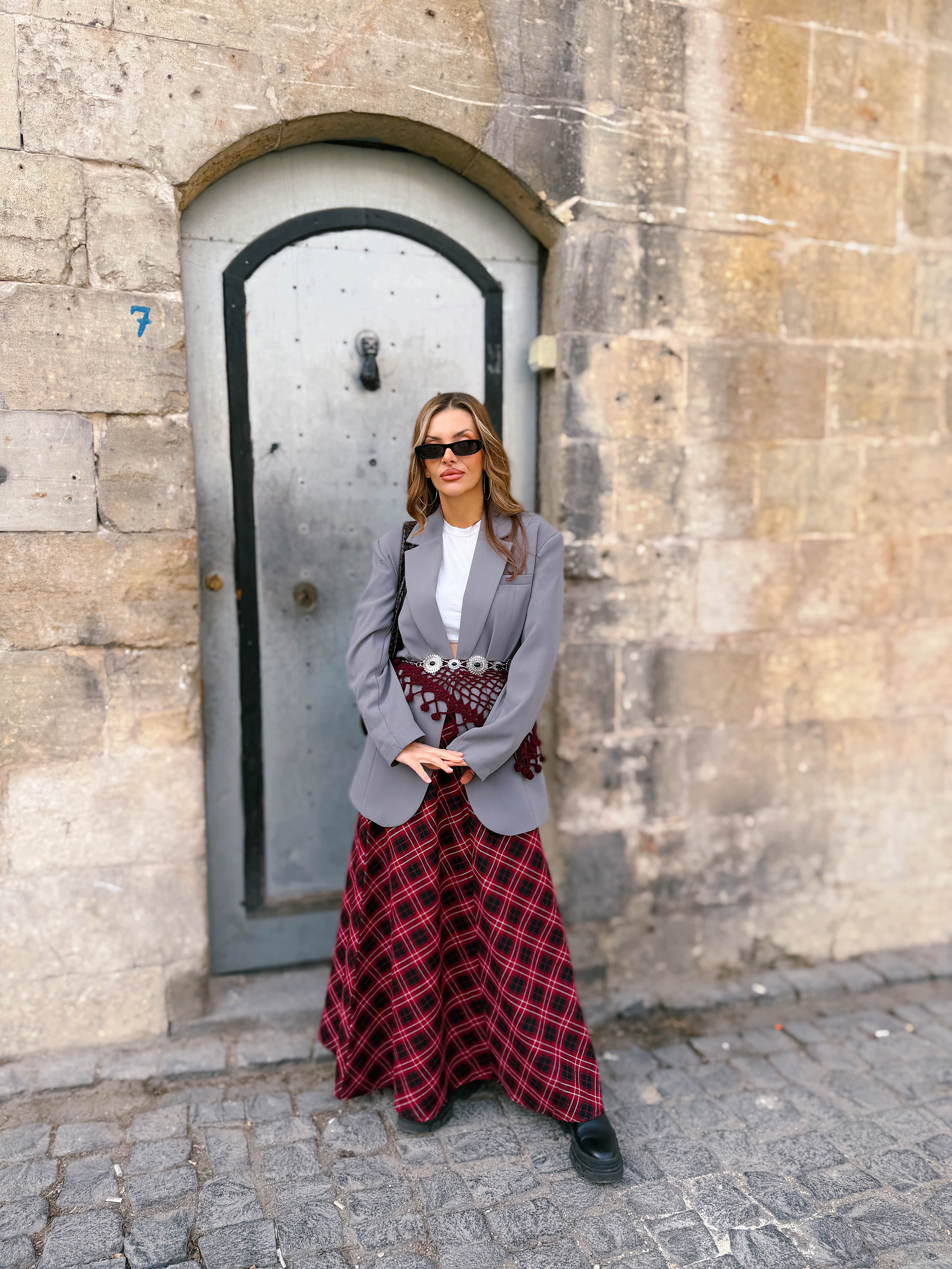 Ekose Desenli Uzun Etek / Kırmızı 