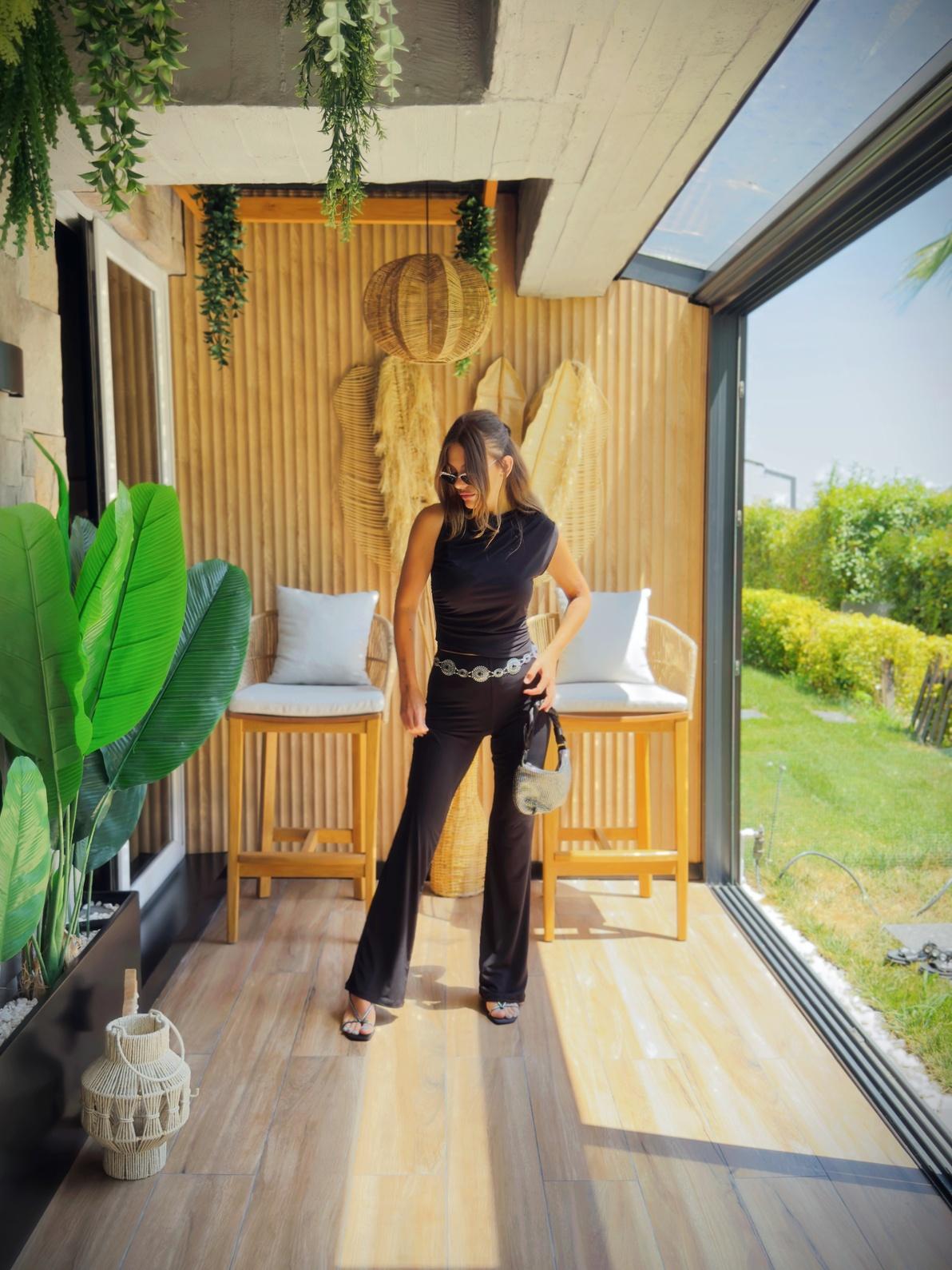 TAKIM Üst Siyah Drapeli Top Alt Siyah stretch pantolon - Siyah