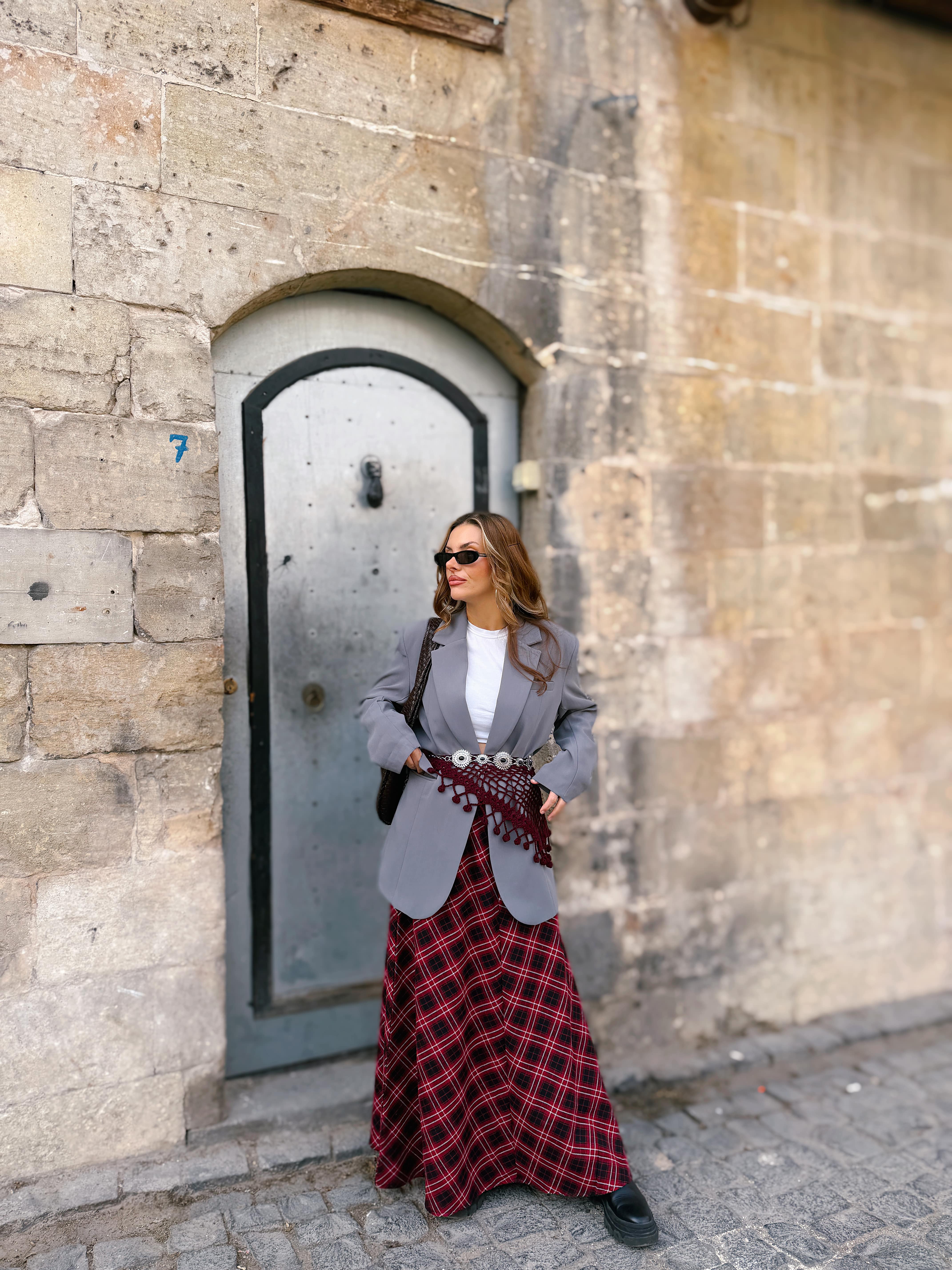 Ekose Desenli Uzun Etek / Kırmızı 