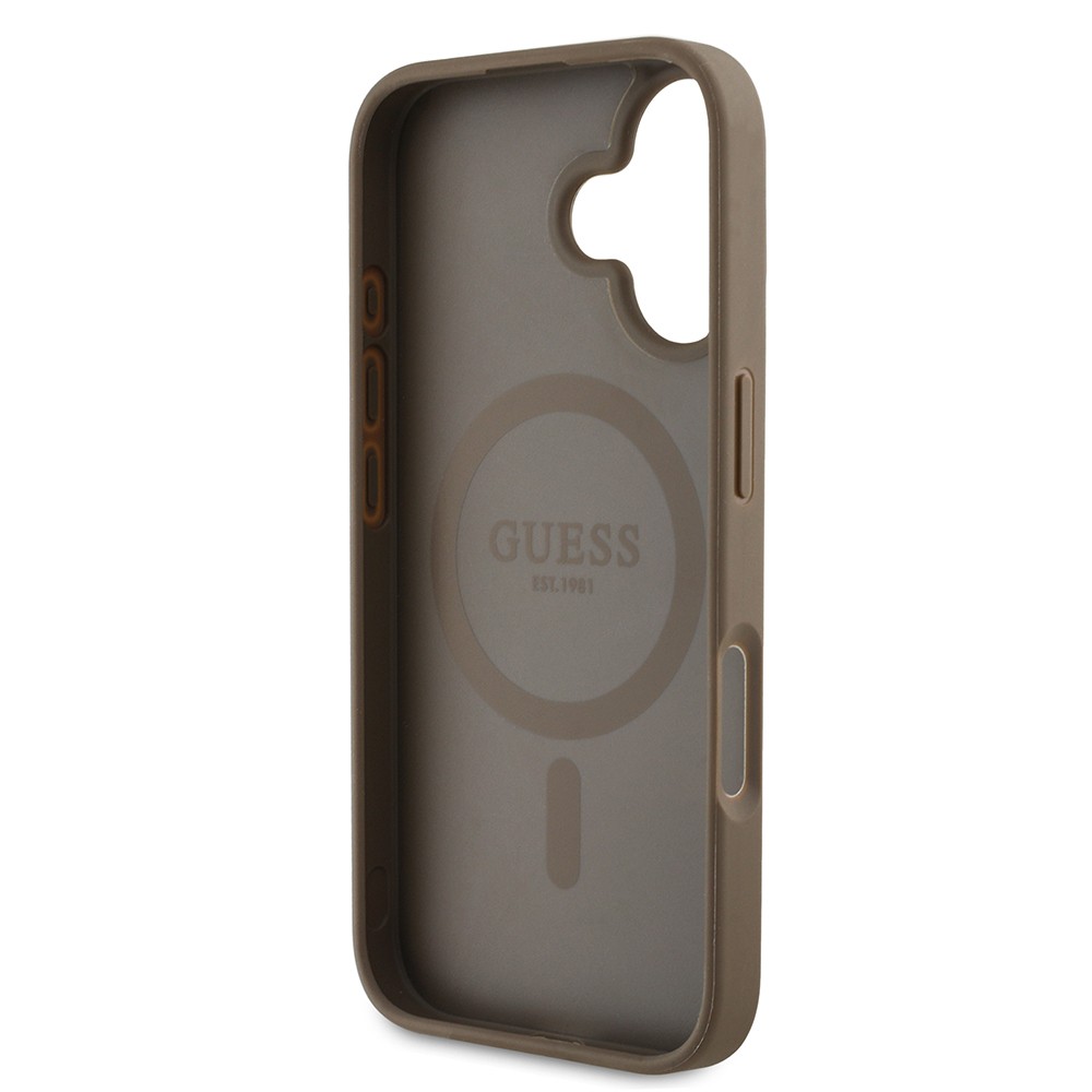 Apple iPhone 16 Kılıf Guess Orjinal Lisanslı Magsafe Şarj Özellikli Sıcak Baskılı Üçgen Logolu PU Deri Peony Kapak