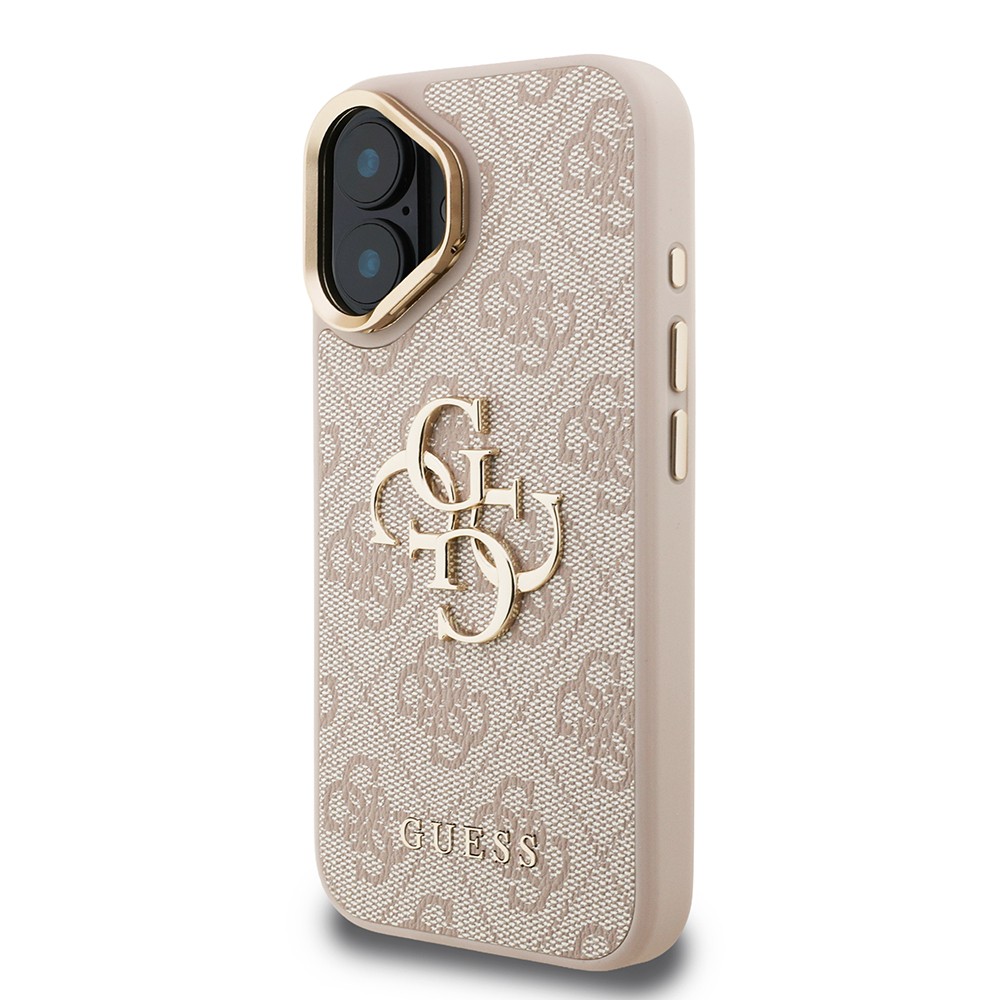 Apple iPhone 16 Kılıf Guess Orjinal Lisanslı PU Deri 4G Desenli Metal Büyük 4G ve Yazı Logolu Kamera Standlı Kapak