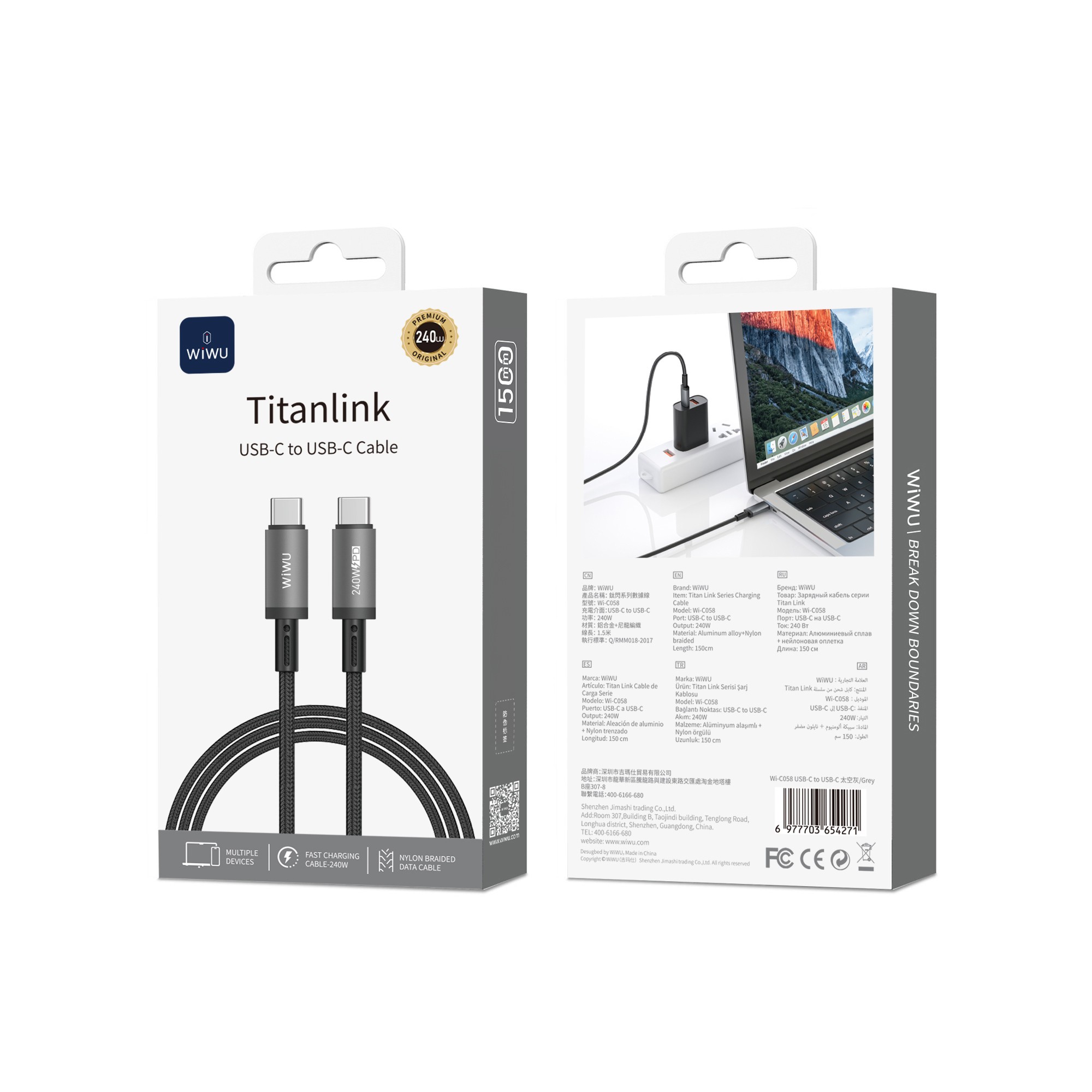 Wiwu Wi-C058 Titanlink Serisi Type-C to Type-C Hızlı Şarj Özellikli Data ve Şarj Kablosu 240W 1.5M