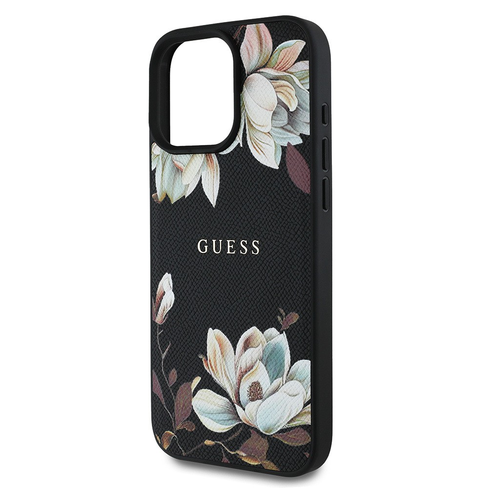 Apple iPhone 15 Pro Max Kılıf Guess Orjinal Lisanslı Magsafe Şarj Özellikli Taneli Çiçek Tasarımlı Metal Yazı Logolu Kapak