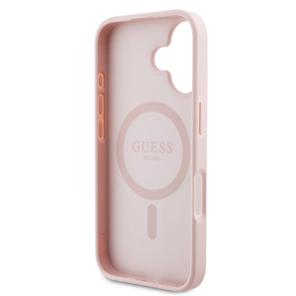 Apple iPhone 16 Kılıf Guess Orjinal Lisanslı Magsafe Şarj Özellikli Taneli Çiçek Tasarımlı Metal Yazı Logolu Kapak