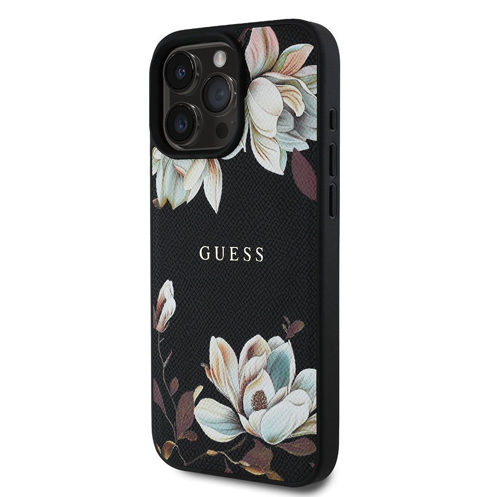 Apple iPhone 15 Pro Max Kılıf Guess Orjinal Lisanslı Magsafe Şarj Özellikli Taneli Çiçek Tasarımlı Metal Yazı Logolu Kapak