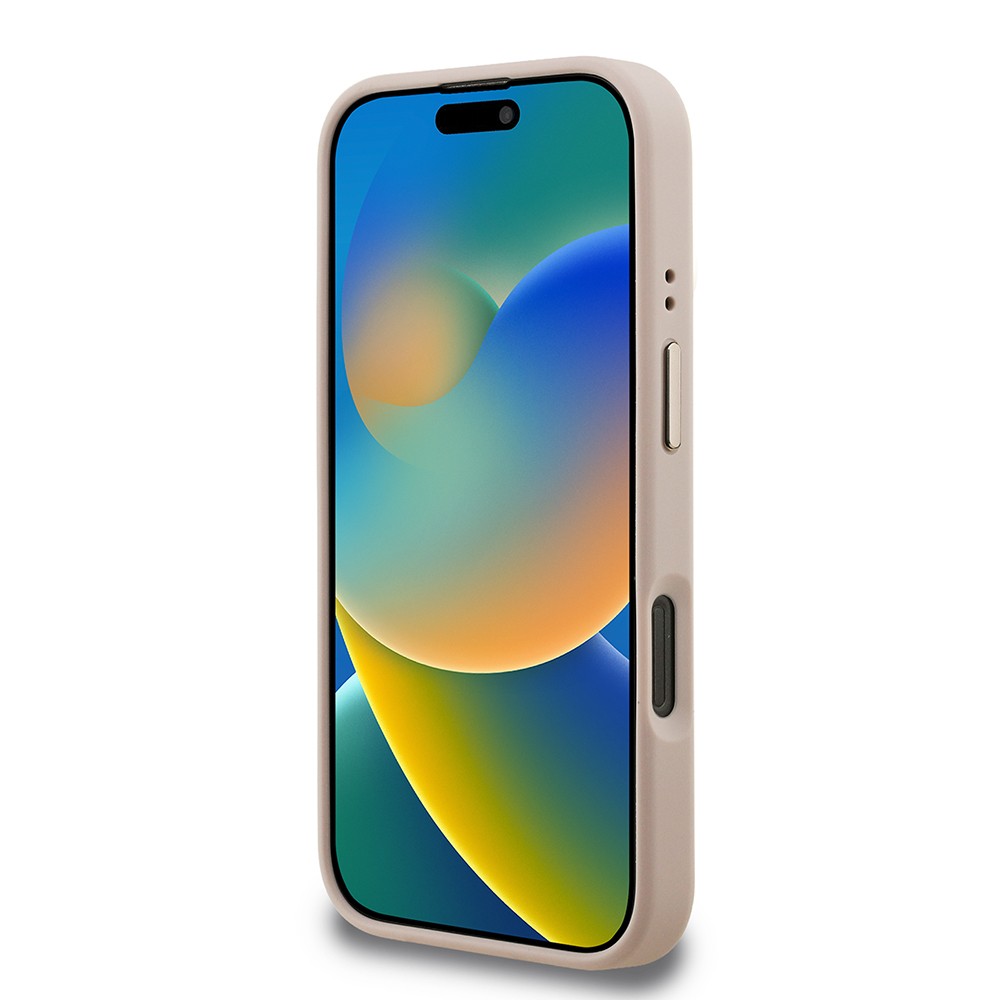 Apple iPhone 16 Pro Kılıf Guess Orjinal Lisanslı PU Deri Taşlı Üçgen Logo 4G Desenli Kamera Standlı Kapak