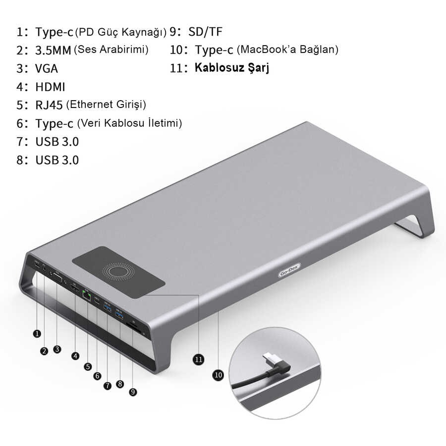 Go Des GD-9128 Hub ve Kablosuz Şarj Destekli Laptop Standı Docking Station Stand