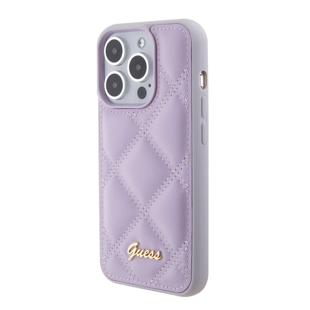 iPhone 15 Pro Kılıf Guess Orjinal Lisanslı PU Deri Metal Yazı Logolu Kapitone Kılıf