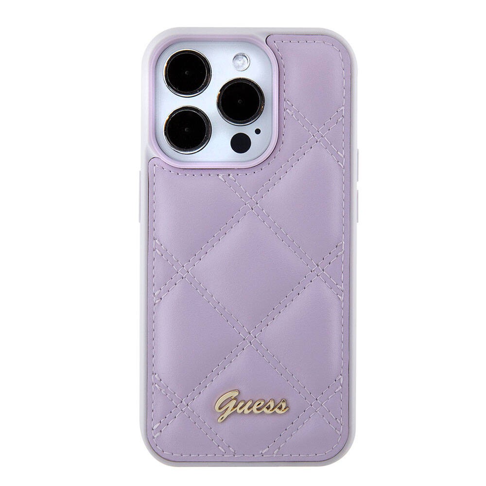 iPhone 15 Pro Kılıf Guess Orjinal Lisanslı PU Deri Metal Yazı Logolu Kapitone Kılıf
