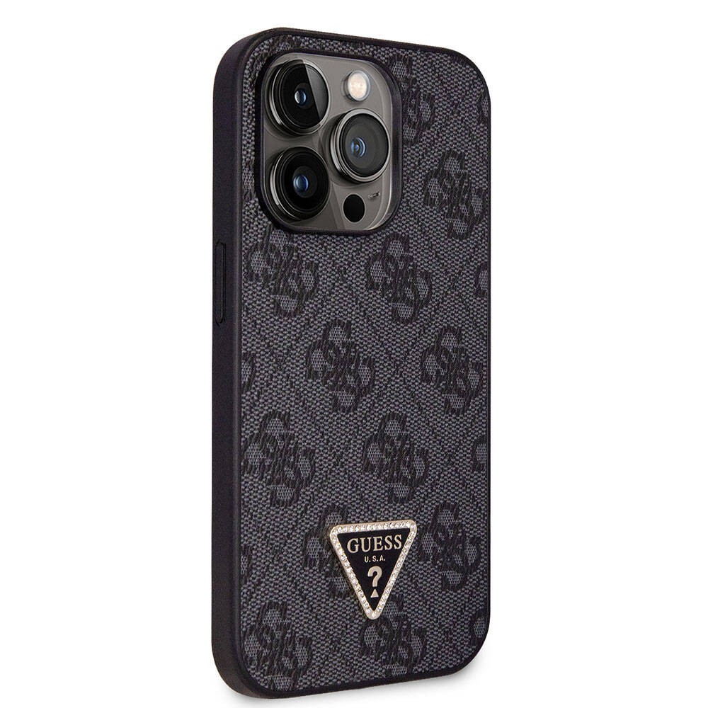 iPhone 14 Pro Max Kılıf Guess Orjinal Lisanslı PU Deri Taşlı Üçgen Logo 4G Desenli Kılıf