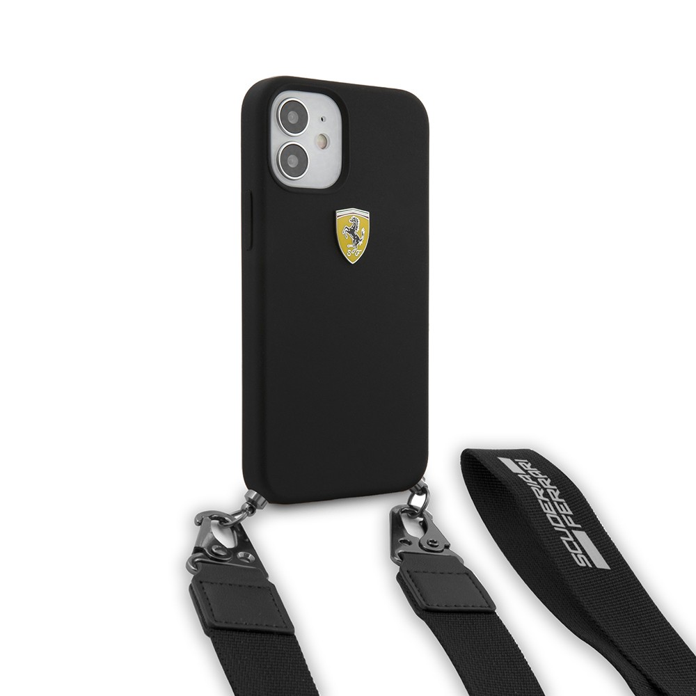 Apple iPhone 12 Kılıf Ferrari Orjinal Lisanslı Askılı Metal Logolu Kapak