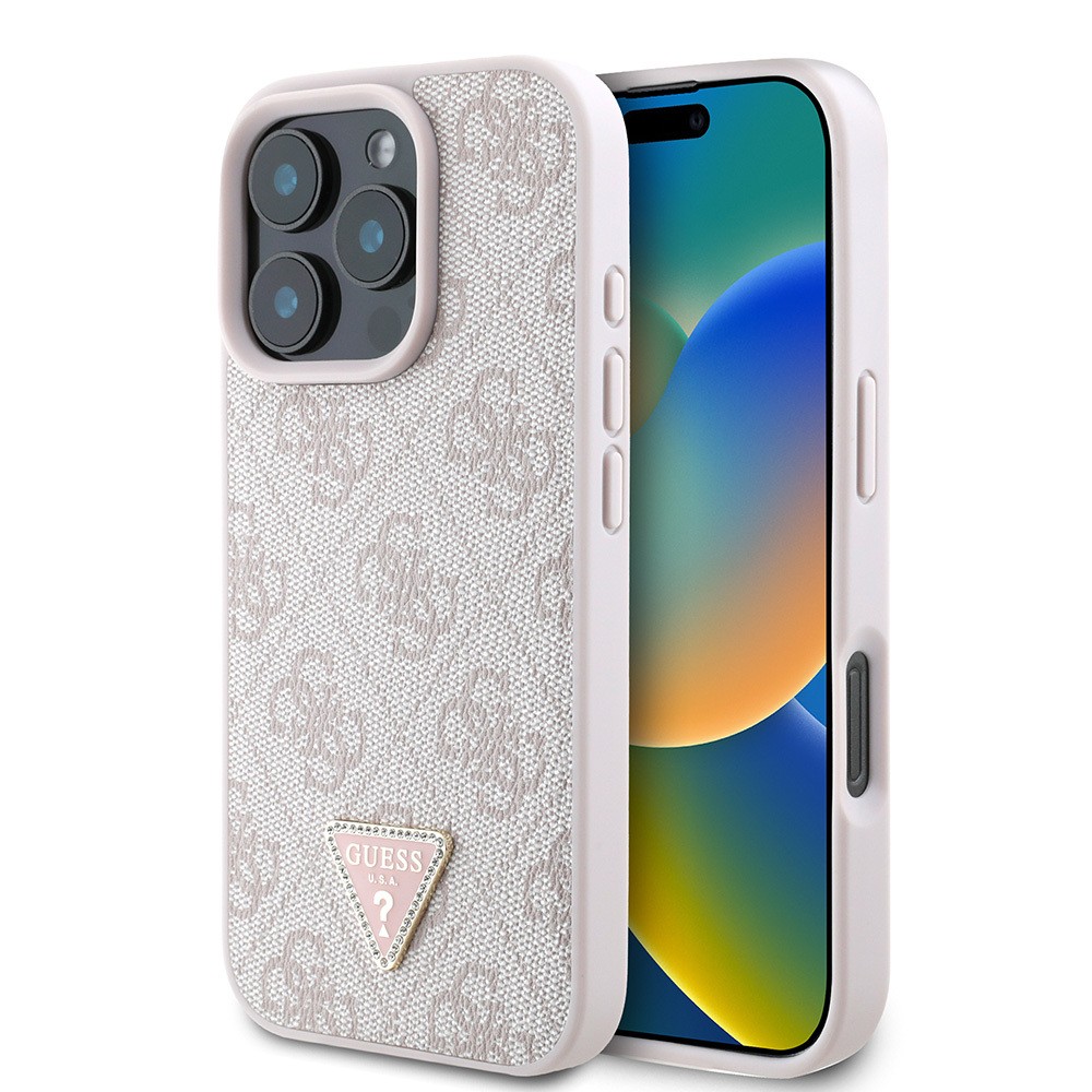 Apple iPhone 16 Pro Kılıf Guess Orjinal Lisanslı PU Deri Taşlı Üçgen Logo 4G Desenli Strass Kapak