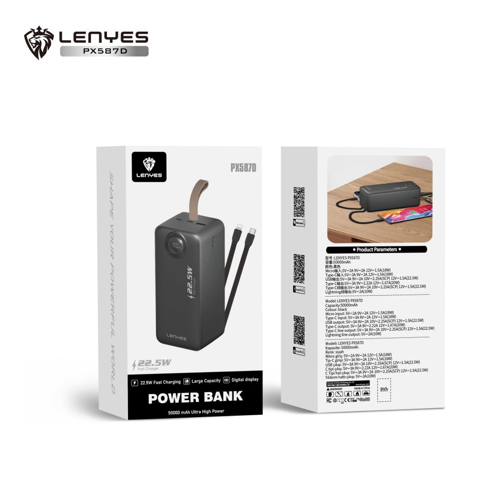 Lenyes PX587D Dijital LED Ekranlı Type-C ve Lightning Kablolu Powerbank 22.5W 50.000mAh