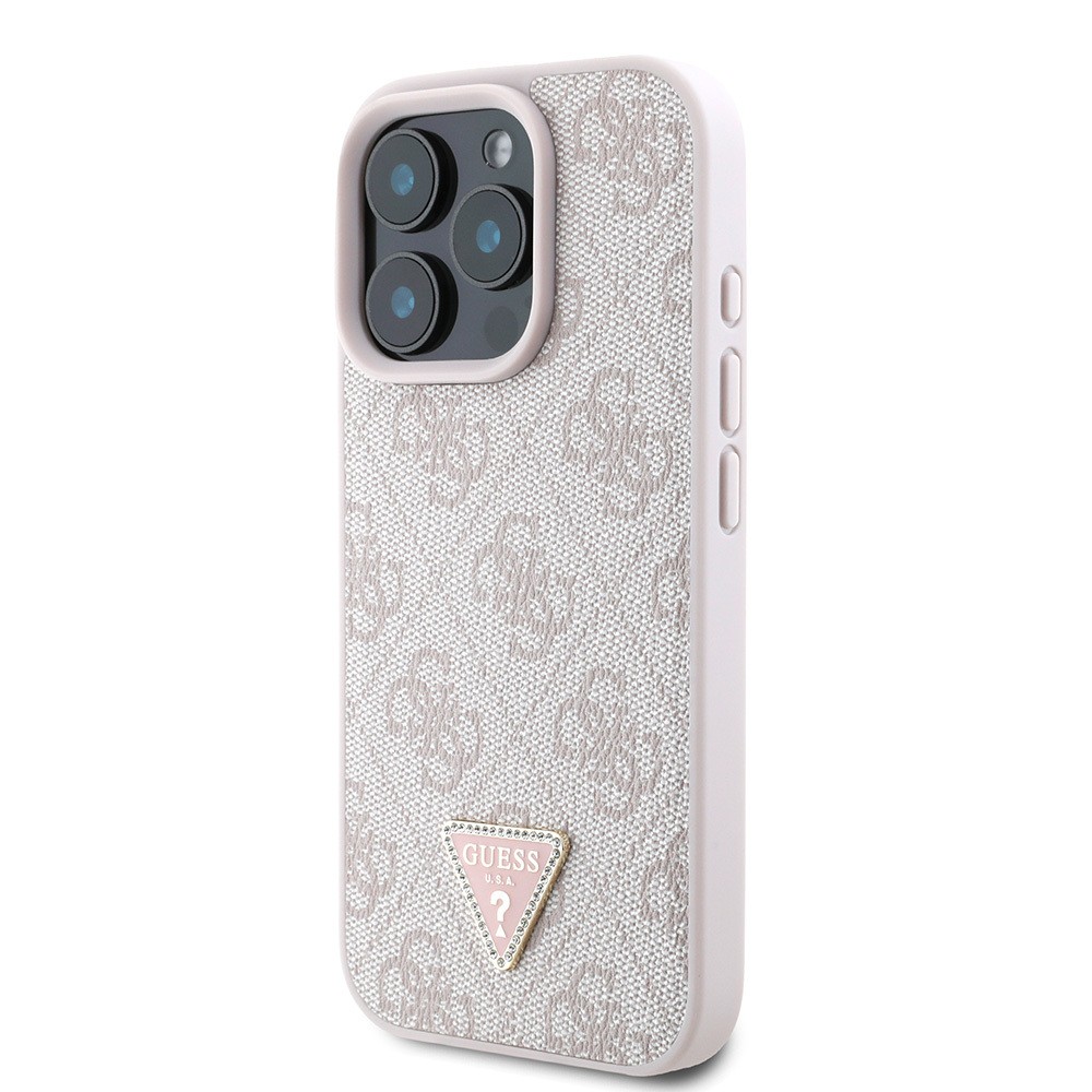 Apple iPhone 16 Pro Max Kılıf Guess Orjinal Lisanslı PU Deri Taşlı Üçgen Logo 4G Desenli Strass Kapak