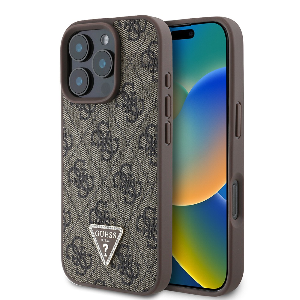 Apple iPhone 16 Pro Kılıf Guess Orjinal Lisanslı PU Deri Taşlı Üçgen Logo 4G Desenli Strass Kapak