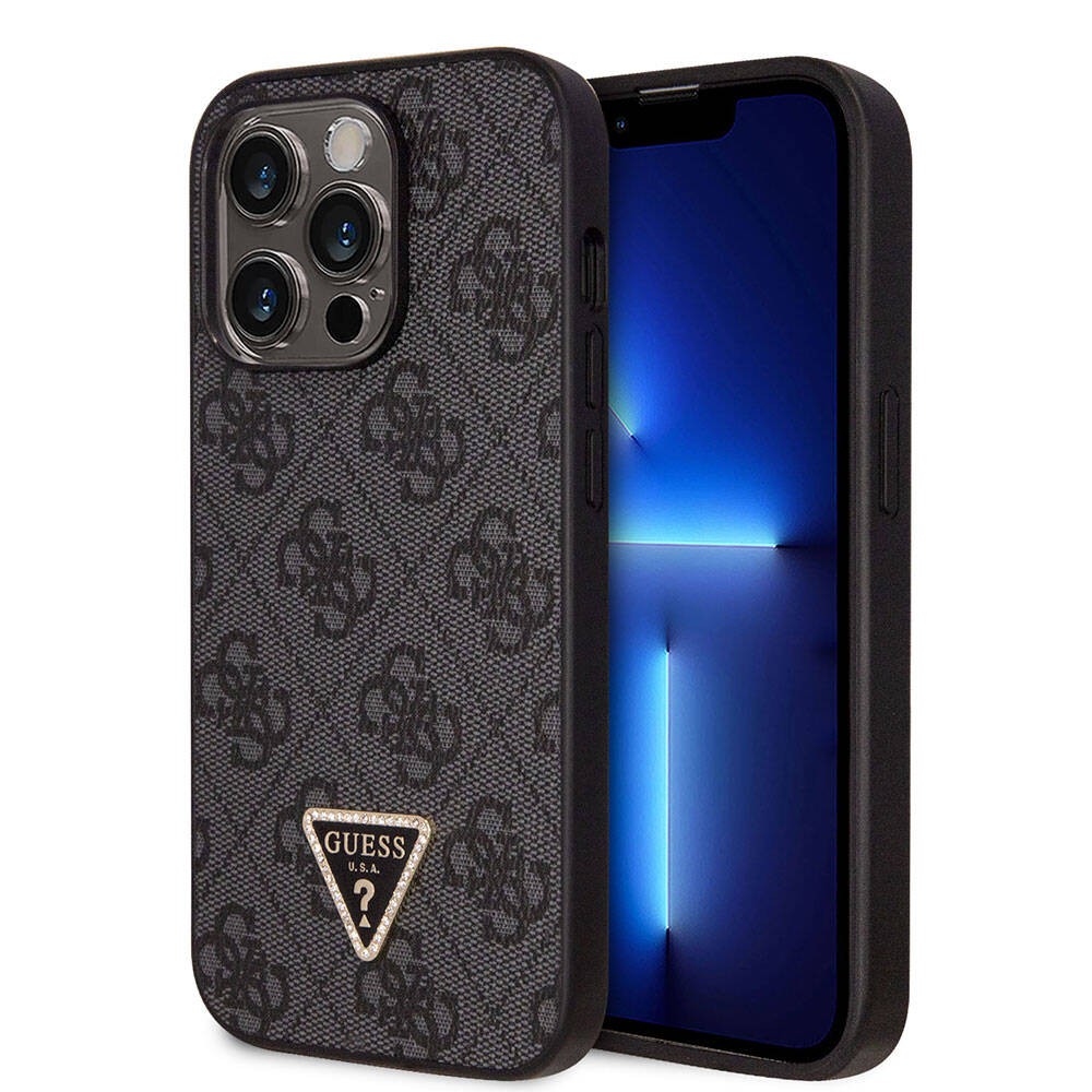 iPhone 14 Pro Max Kılıf Guess Orjinal Lisanslı PU Deri Taşlı Üçgen Logo 4G Desenli Kılıf