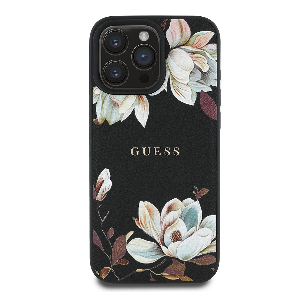 Apple iPhone 15 Pro Max Kılıf Guess Orjinal Lisanslı Magsafe Şarj Özellikli Taneli Çiçek Tasarımlı Metal Yazı Logolu Kapak