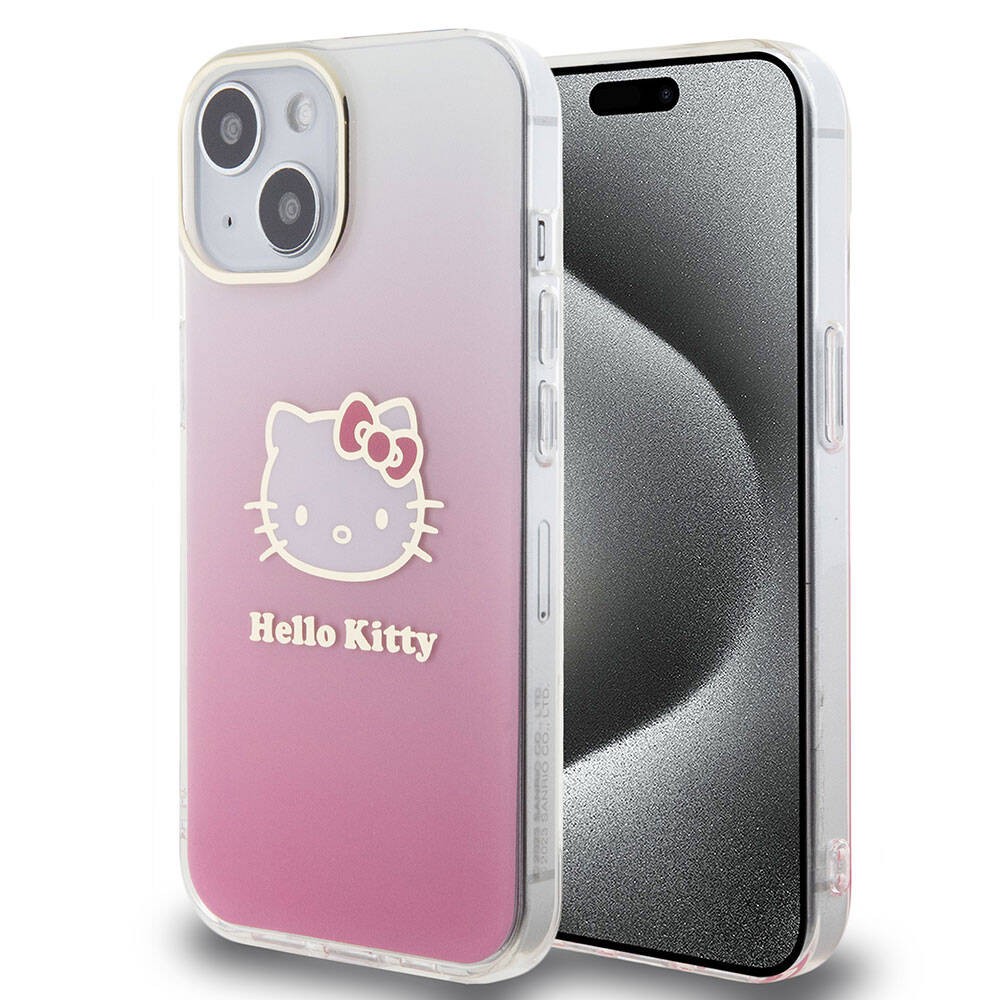 iPhone 15 Kılıf Hello Kitty Orjinal Lisanslı Yazı ve İkonik Logolu Elektroplating Kaplama Gradyan Kılıf