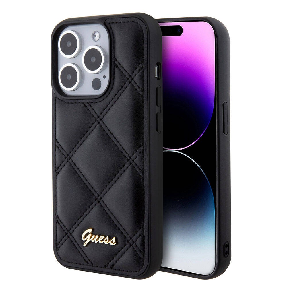 iPhone 15 Pro Kılıf Guess Orjinal Lisanslı PU Deri Metal Yazı Logolu Kapitone Kılıf