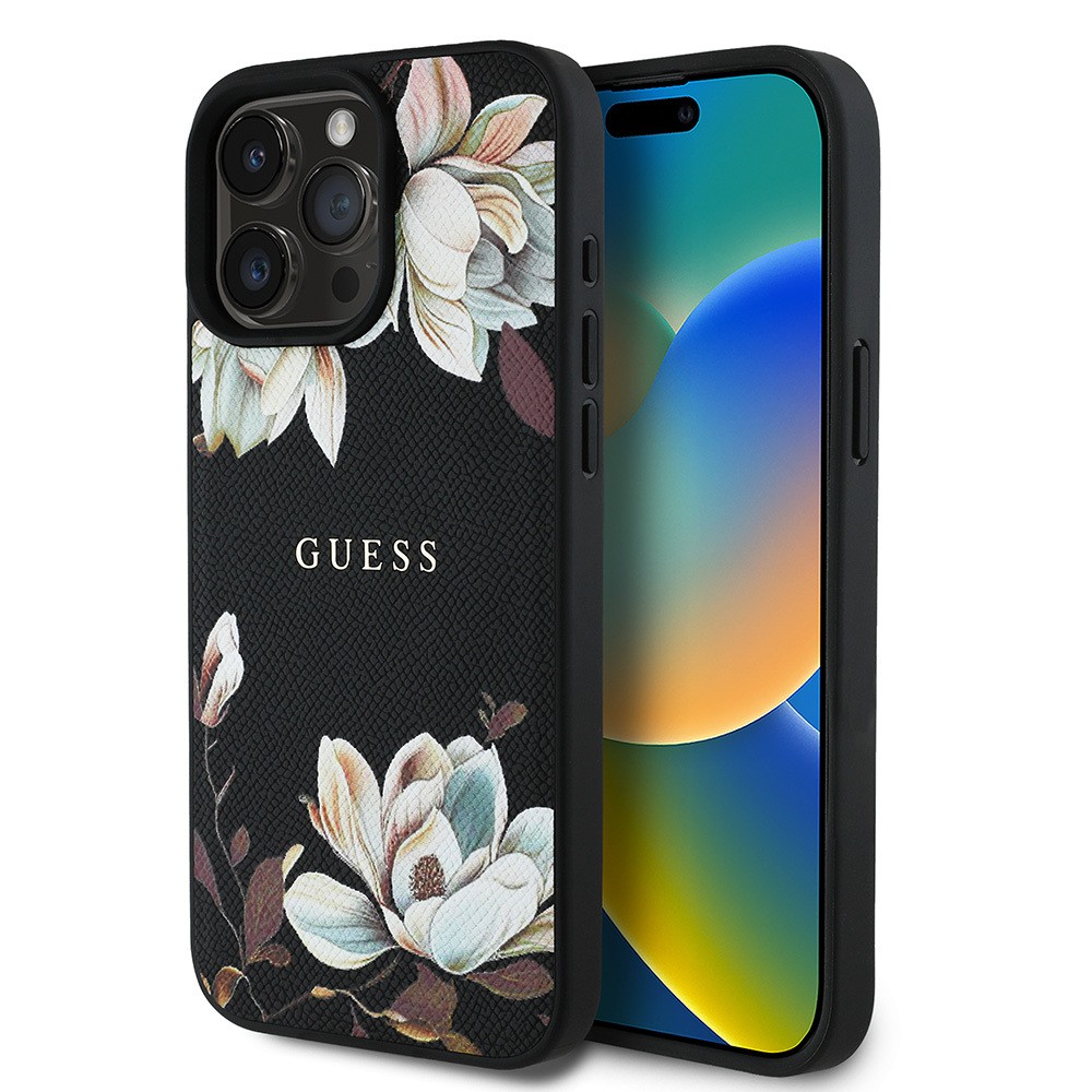 Apple iPhone 15 Pro Max Kılıf Guess Orjinal Lisanslı Magsafe Şarj Özellikli Taneli Çiçek Tasarımlı Metal Yazı Logolu Kapak