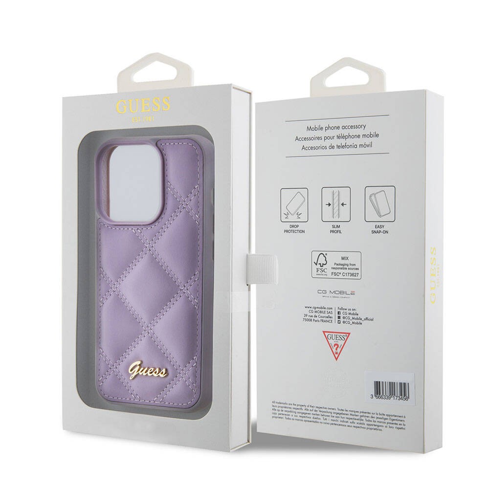 iPhone 15 Pro Kılıf Guess Orjinal Lisanslı PU Deri Metal Yazı Logolu Kapitone Kılıf