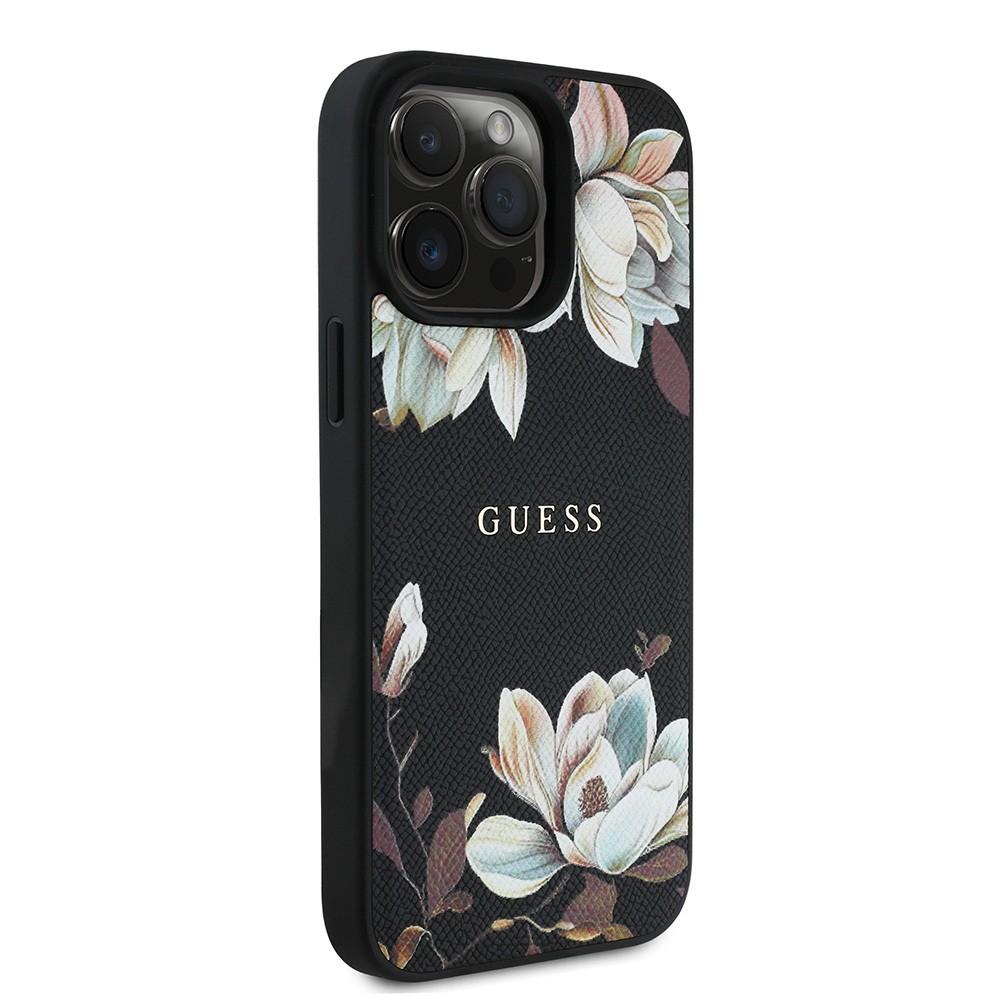 Apple iPhone 15 Pro Max Kılıf Guess Orjinal Lisanslı Magsafe Şarj Özellikli Taneli Çiçek Tasarımlı Metal Yazı Logolu Kapak