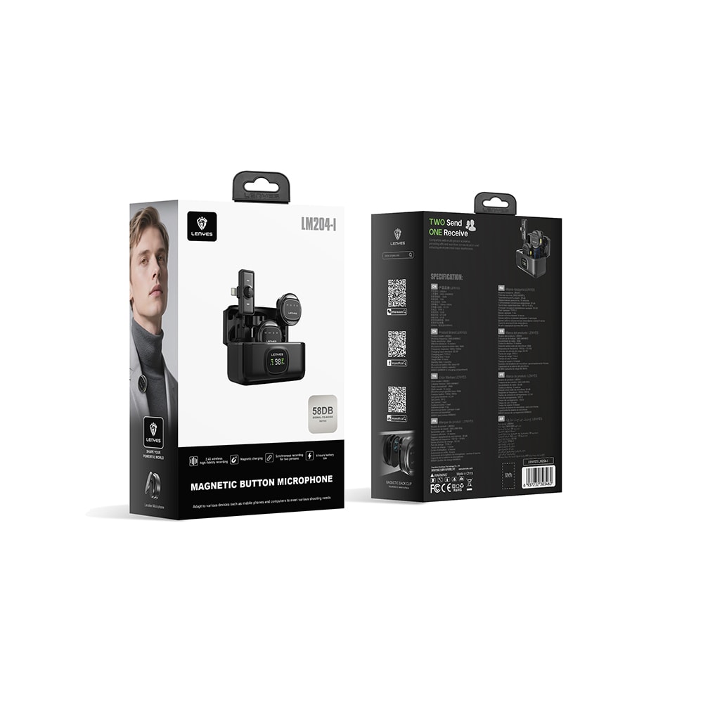 Lenyes LM204-L Type-C Şarj Portlu Akıllı Gürültü Engelleyicili Lightning Bağlantılı Kablosuz Yaka Mikrofonu