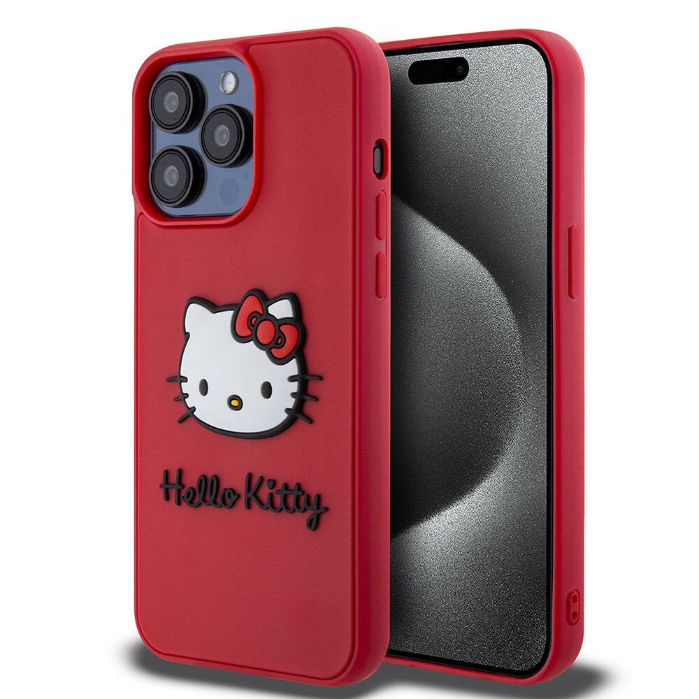 iPhone 15 Pro Kılıf Hello Kitty Orjinal Lisanslı Yazı ve İkonik Logolu 3D Rubber Kitty Head Kılıf